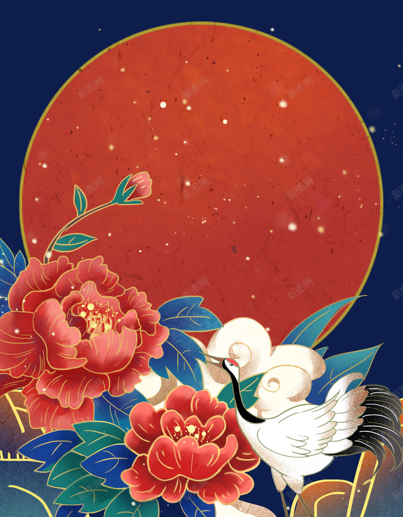 牡丹金边日月仙鹤山夜空psd设计背景_新图网 https://ixintu.com 仙鹤 夜空 山 牡丹 金边日月