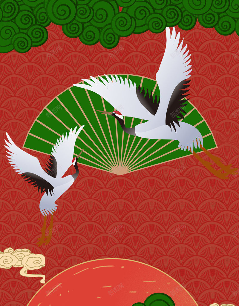 绿色云扇子仙鹤psd设计背景_新图网 https://ixintu.com 云 仙鹤 扇子 绿色