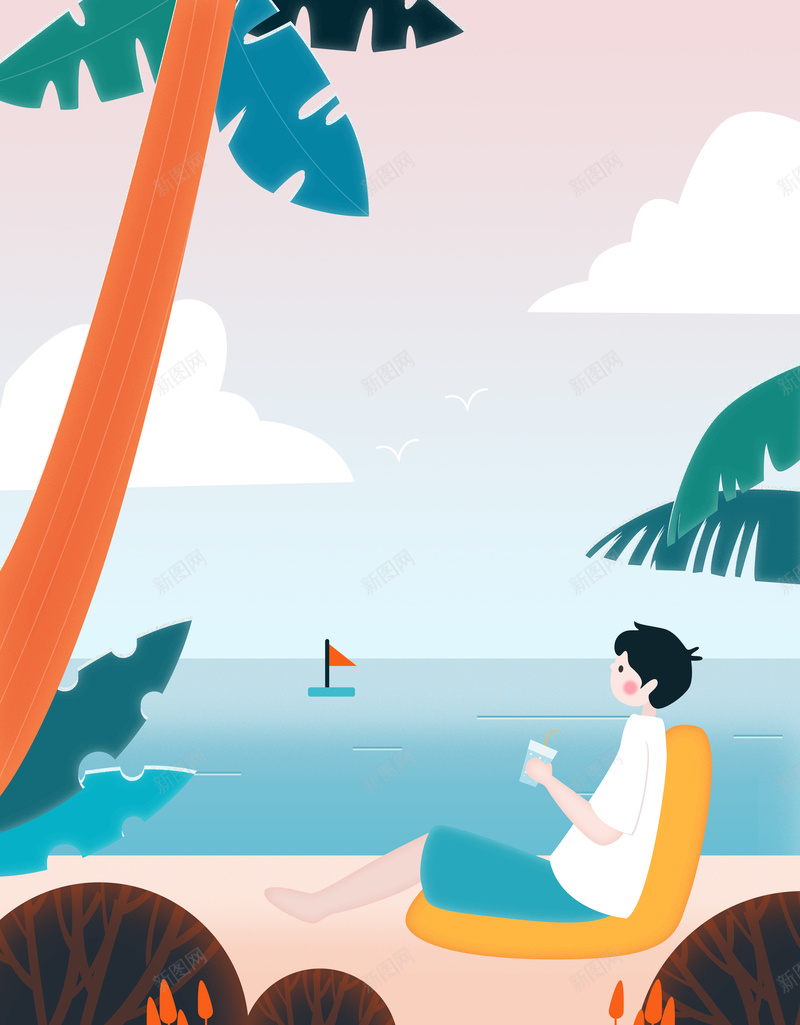 手绘夏天海滩元素psd设计背景_新图网 https://ixintu.com 夏天 夏至 手绘 植物元素 椰树 海滩元素 纳凉元素