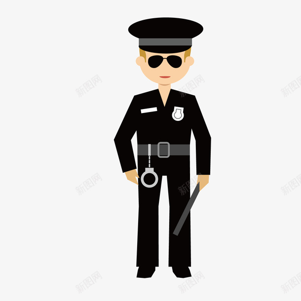 黑色警察矢量图ai免抠素材_新图网 https://ixintu.com 卡通 圆弧 安全 扁平化 警棍 黑色 矢量图