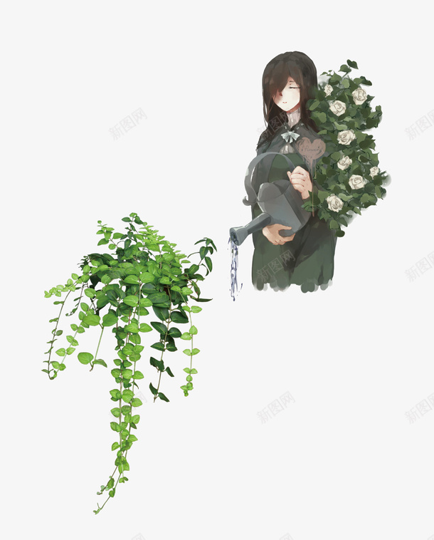 卡通手绘女孩浇花矢量图ai免抠素材_新图网 https://ixintu.com 卡通 女孩 浇花 绿叶 矢量图