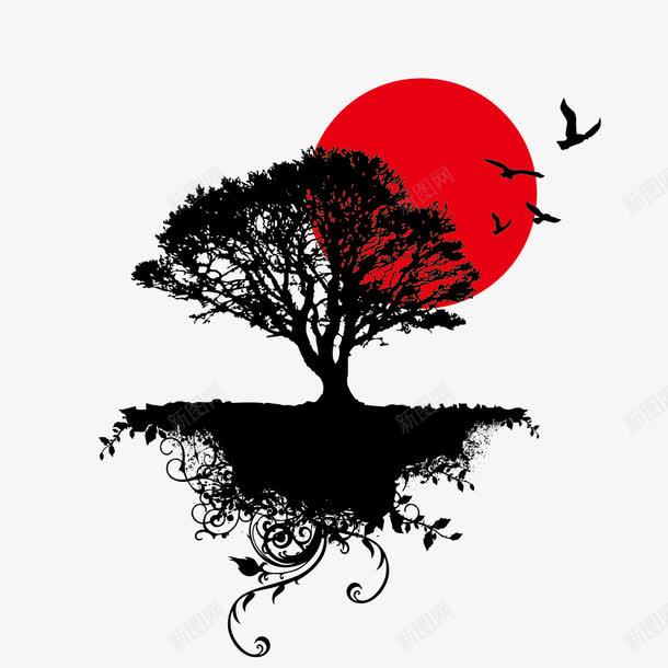 水墨树和太阳png免抠素材_新图网 https://ixintu.com 太阳 树 水墨