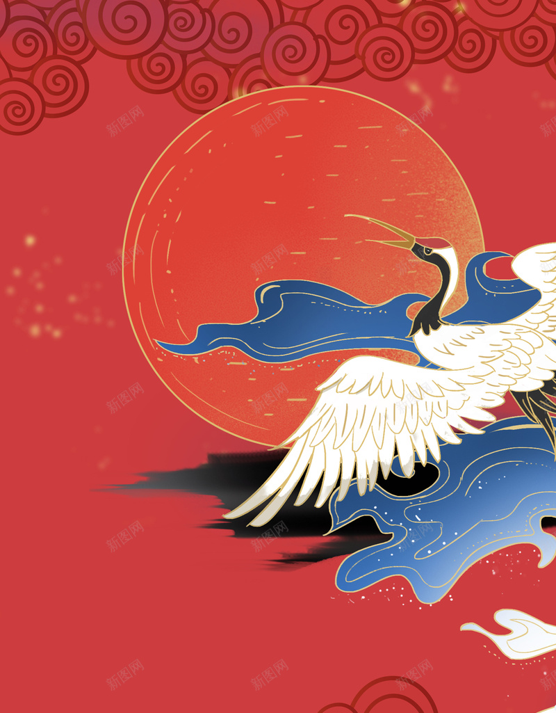 仙鹤祥云日psd设计背景_新图网 https://ixintu.com 仙鹤祥云 日 海浪 红背景