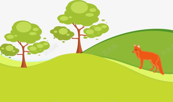 卡通风景矢量图eps免抠素材_新图网 https://ixintu.com 树 狐狸 草地 矢量图
