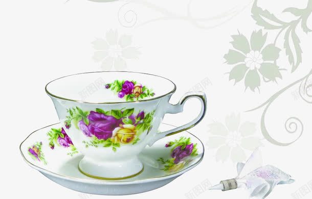 精美小花的茶具png免抠素材_新图网 https://ixintu.com 盘子 紫色 茶杯 黄色