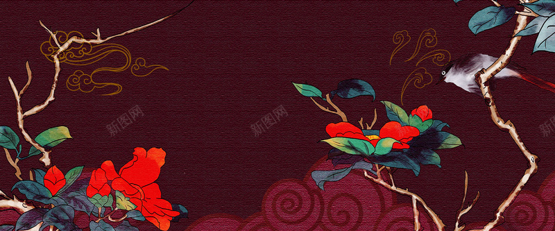一枝花一只鸟psd设计背景_新图网 https://ixintu.com 七叶 国潮 国潮背景墙 国风 手绘 横版