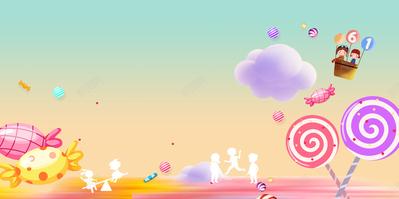 手绘背景图卡通元素psd设计背景_新图网 https://ixintu.com 云 儿童节 六一 剪影 卡通人物 手绘 糖果 背景图