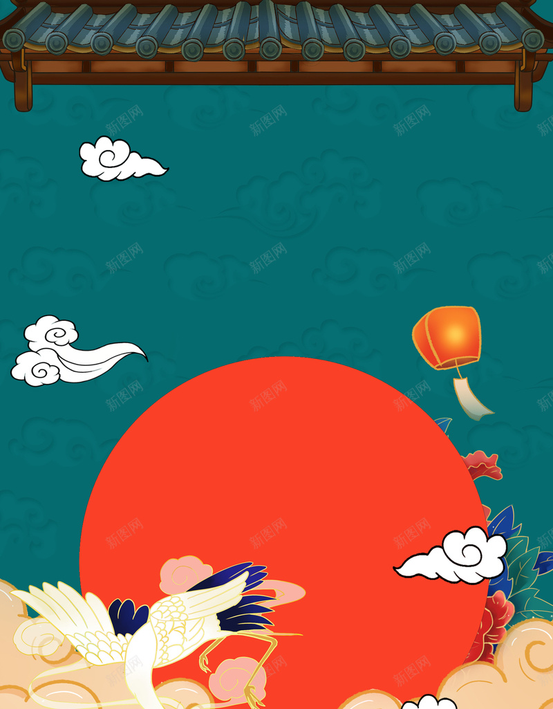 仙鹤奔晚月唯美手绘psd设计背景_新图网 https://ixintu.com 云朵 孔明灯 建筑 手绘 祥云 落日