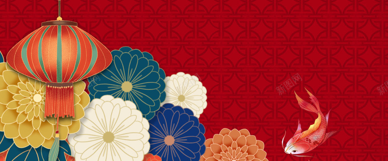 灯笼花卉红背景psd设计背景_新图网 https://ixintu.com 国潮 国潮背景墙 国风 手绘 横版