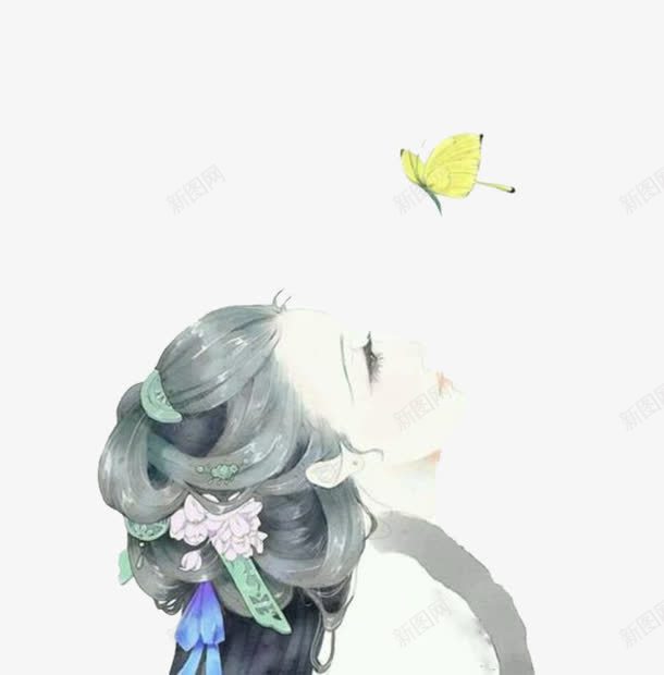 手绘看蝴蝶的女人png免抠素材_新图网 https://ixintu.com 元素 古典 女人 蝴蝶