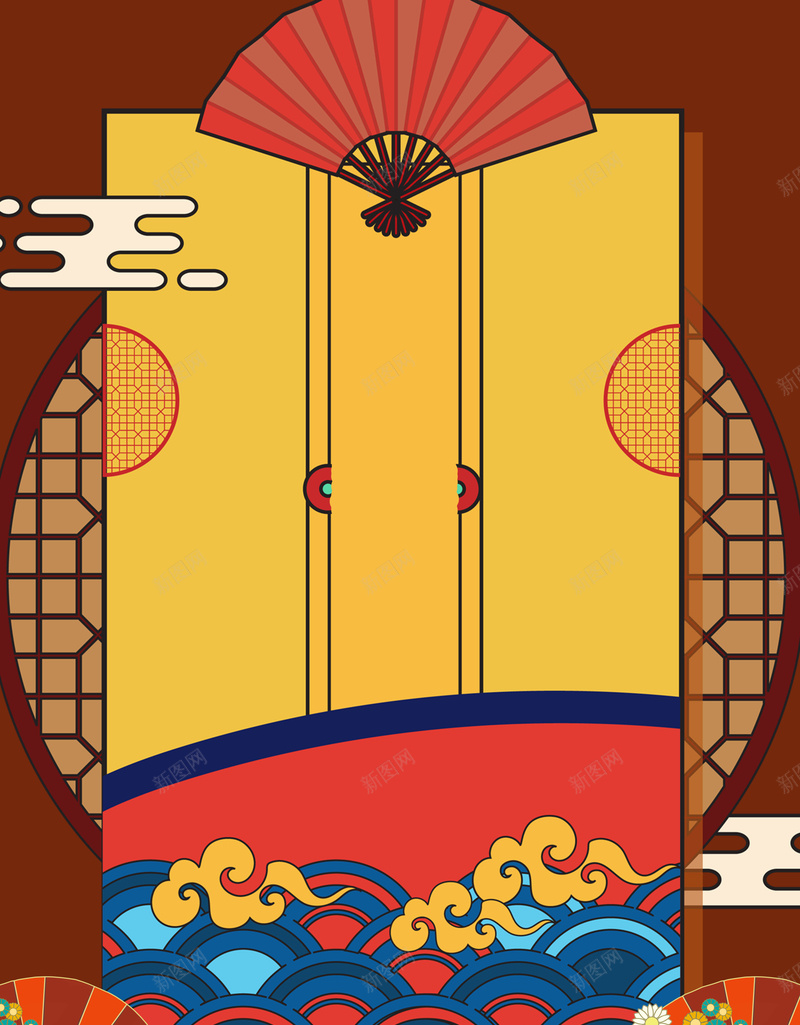 扇子海浪窗格古代亭台楼阁psd设计背景_新图网 https://ixintu.com 古代亭台楼阁 扇子 海浪 窗格