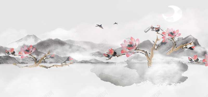 中国风水墨画背景psd设计背景_新图网 https://ixintu.com 中国风 水墨画 月亮 河 红花 远处的水墨山 鸟 雾气 海报banner