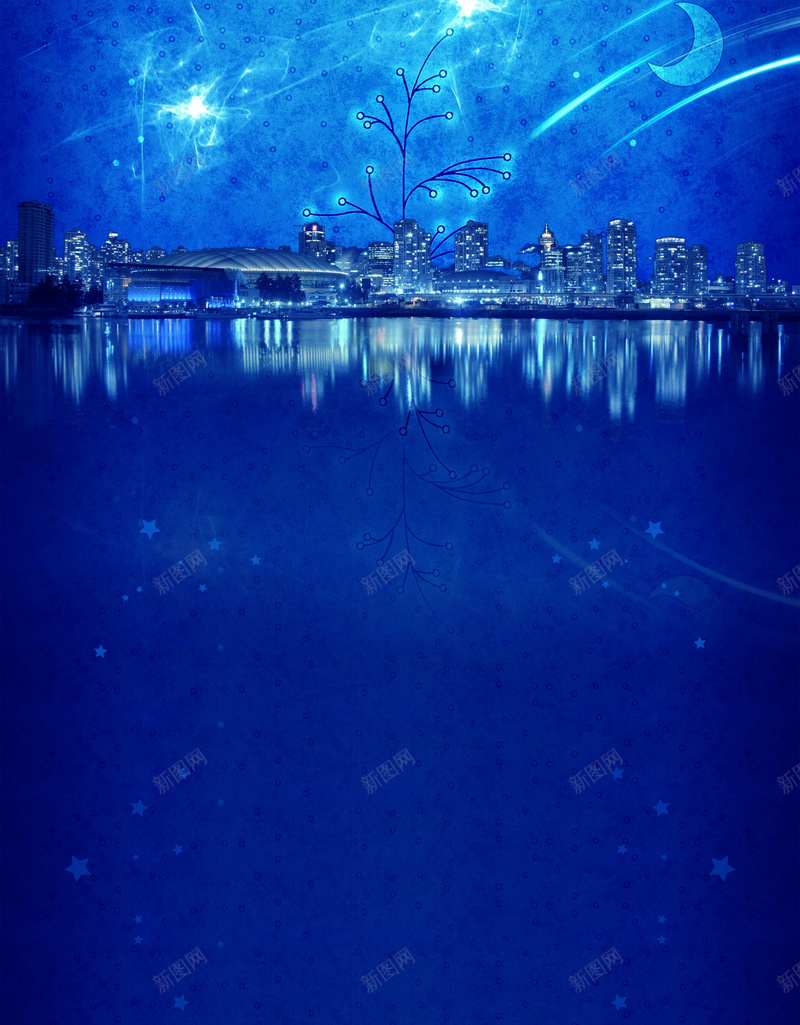 唯美蓝色仲夏夜之梦海报psd设计背景_新图网 https://ixintu.com 仲夏夜之梦海 唯美蓝色 城市夜景 城市建筑 建筑倒影 星星月亮 炫光 蓝色水面 高楼大厦