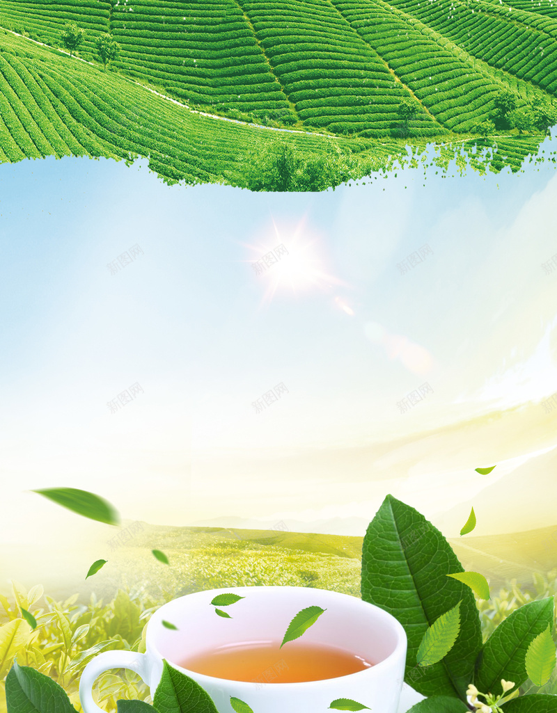 清新新茶上市海报psd设计背景_新图网 https://ixintu.com 欢迎品鉴 绿色 绿茶田 茶包 茶叶 茶文化 茶杯 茶田 茶馆