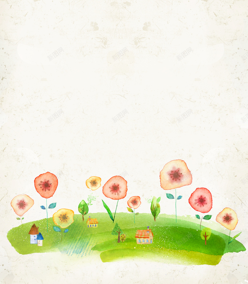 红色手绘花草背景psd设计背景_新图网 https://ixintu.com 手绘 水彩 花卉 花朵 花草 唯美 植物 黄色 草地 卡通 童趣
