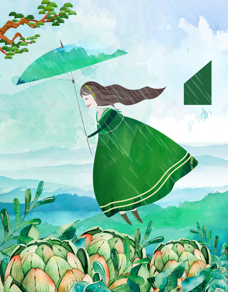 手绘清新雨水节气海报背景psd设计背景_新图网 https://ixintu.com 小女孩 手绘 插画 清新 雨伞 绿色 雨水 节气 海报 背景