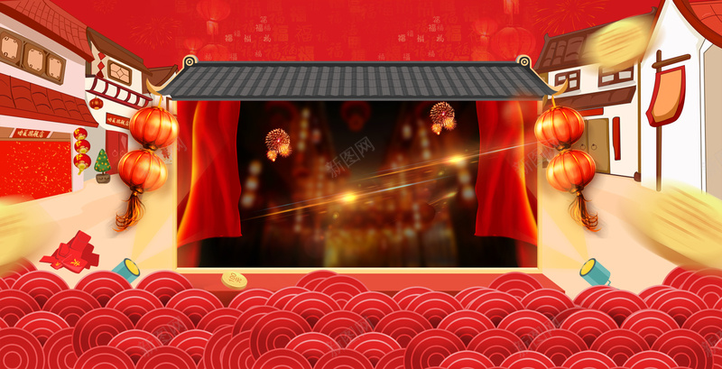 新春狂欢宣传海报psd设计背景_新图网 https://ixintu.com 新春 新年 春节 年货节 狂欢 灯笼 喜庆 传统花纹 中国风 传统建筑 开心 过年