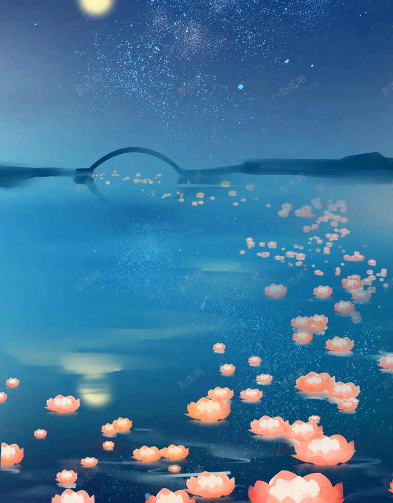 蓝色手绘中元节宣传海报jpg设计背景_新图网 https://ixintu.com 二十四节气 中华文化 七月半 祭祀 鬼节 敬祖 中元节中国风 祭祖 放花灯 蓝色