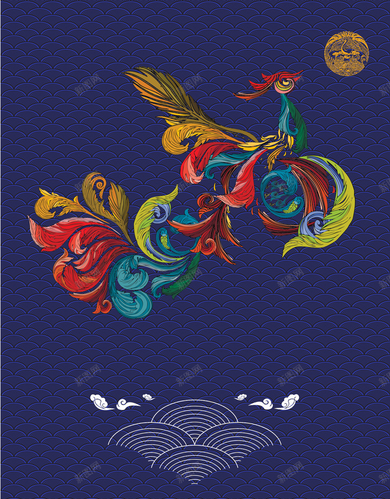 凤鸣朝阳矢量广告海报素材jpg设计背景_新图网 https://ixintu.com 凤凰 广告海报 矢量 素材 背景 凤鸣 海浪花纹