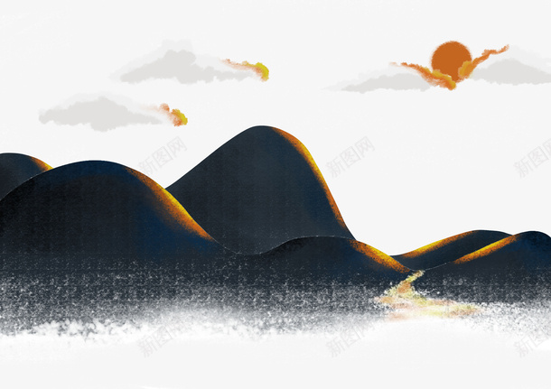中国风山景落日png免抠素材_新图网 https://ixintu.com 噪点 噪点插画 山峰 插画 背景