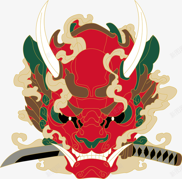 拿着武士刀的鬼面具矢量图ai免抠素材_新图网 https://ixintu.com 云 武士刀 鬼头 鬼面具 矢量图