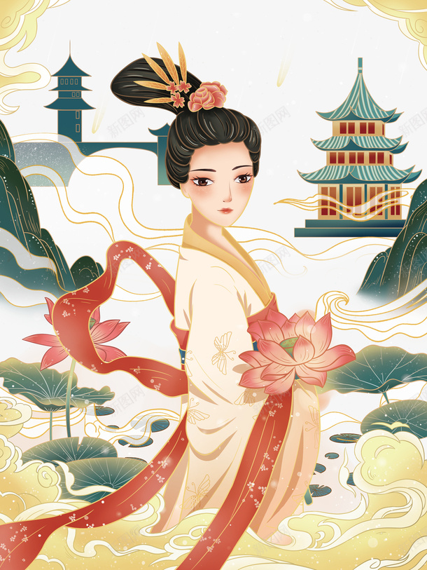 手绘国潮荷花人物元素psd免抠素材_新图网 https://ixintu.com 人物元素 国潮 塔 手绘 荷花