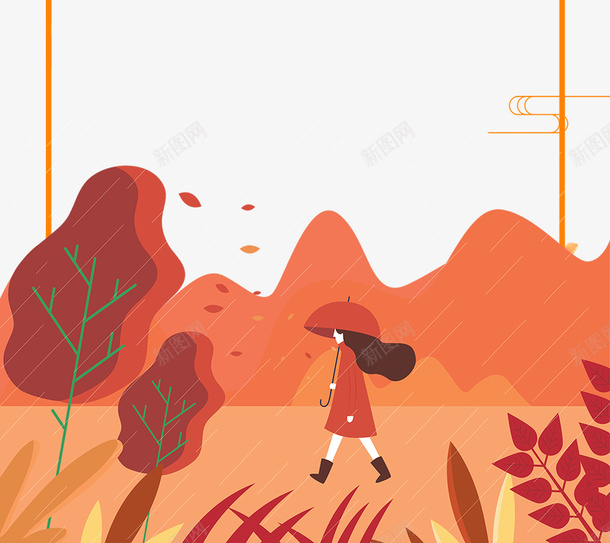 秋天你好秋天边框树叶手绘人物雨伞psd免抠素材_新图网 https://ixintu.com 你好秋天 手绘人物 树叶 秋天 边框 雨伞
