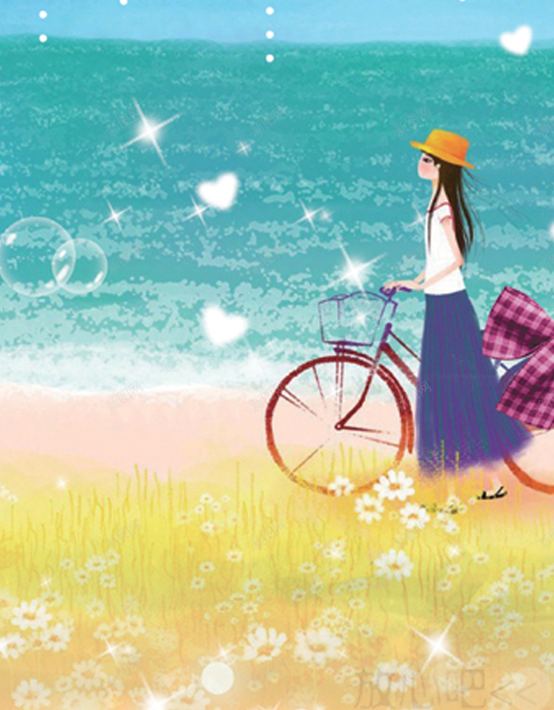 卡通人物H5背景jpg设计背景_新图网 https://ixintu.com 卡通 唯美 女孩 手绘 梦幻 气泡 童趣 自行车