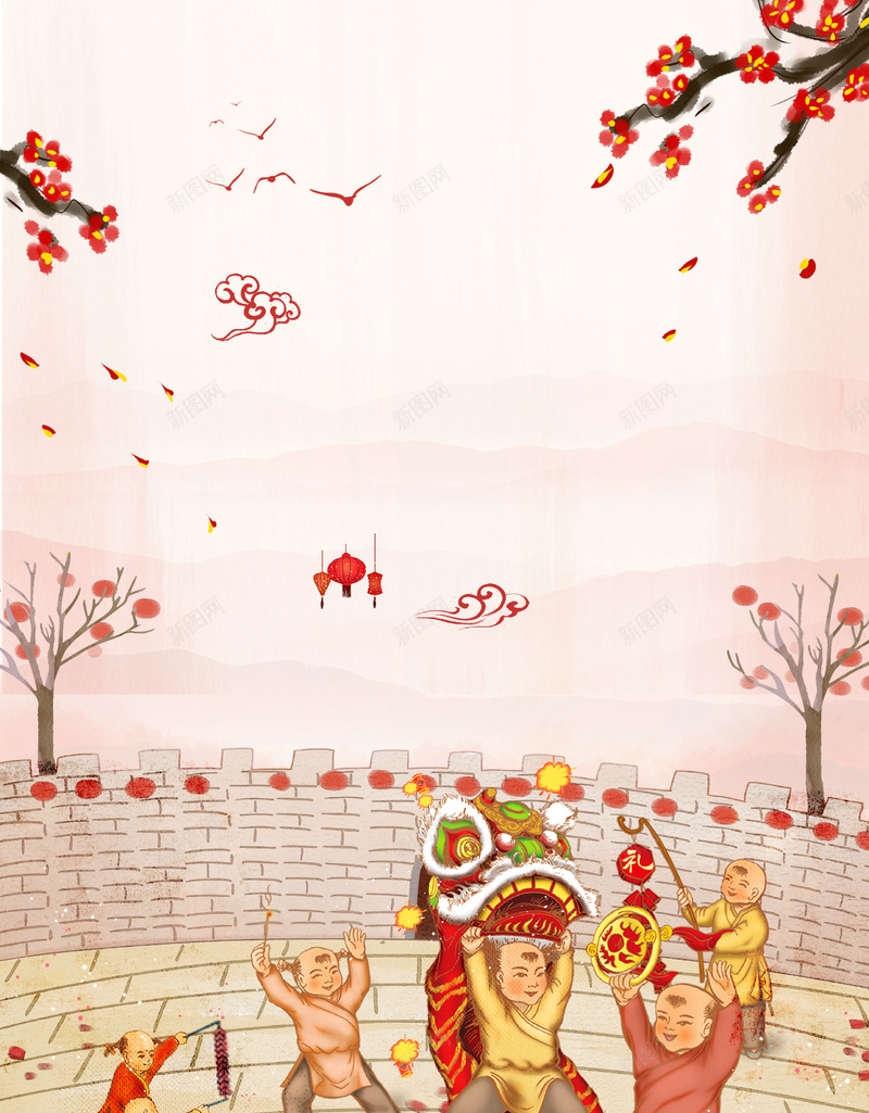 2018狗年中国风欢庆背景jpg设计背景_新图网 https://ixintu.com 2018 新年快乐 中国风 喜庆 狗年 灯笼 手绘 欢庆 舞狮