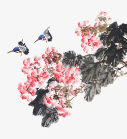 水墨花朵装饰鸟类元素素材