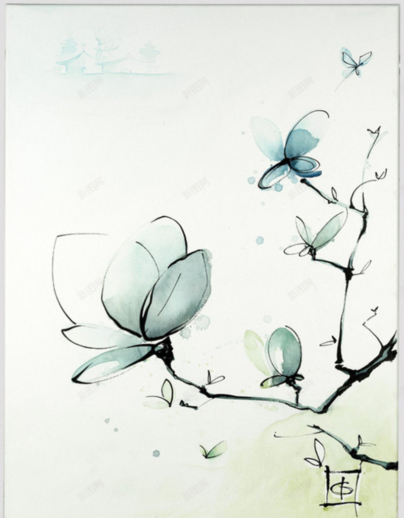 淡雅水蓝色水墨花草海报背景jpg设计背景_新图网 https://ixintu.com 中国风 水墨画 水蓝色 海报背景 淡雅 花 蝴蝶