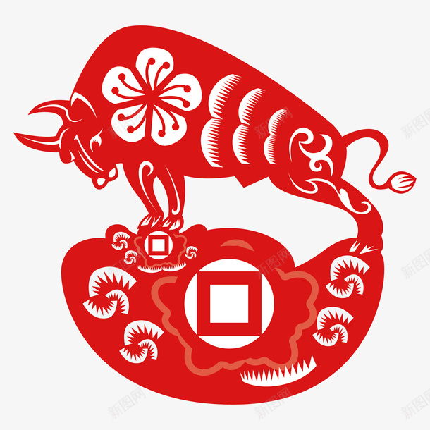 年画牛剪纸牛矢量图ai免抠素材_新图网 https://ixintu.com 2021 中式 剪纸牛 卡通 年画牛 矢量图