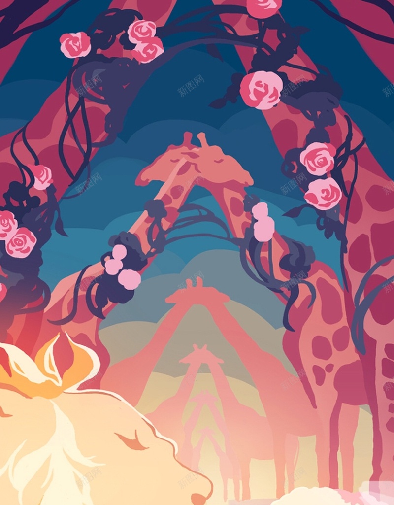 浪漫卡通插画H5背景jpg设计背景_新图网 https://ixintu.com 卡通 手绘 插画 浪漫 童趣 背景 长颈鹿