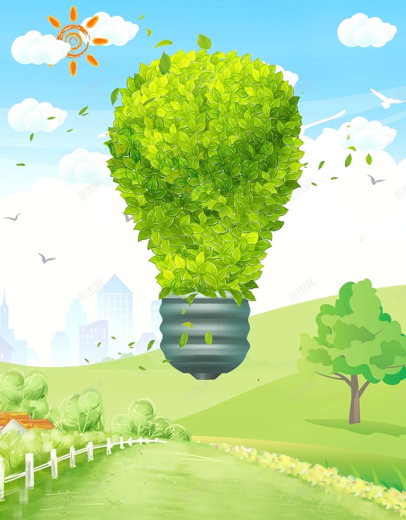 手绘灯泡环保绿色海报psd设计背景_新图网 https://ixintu.com 创意 创意海报 手绘 手绘灯泡 爱护环境 环保 环保海报 白云 绿色海报 草地 蓝天