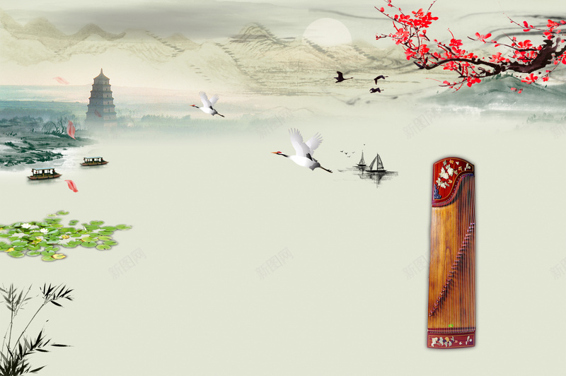 文艺简约古典海报背景psd高清背景_新图网 https://ixintu.com 文艺 简约 古典 梅花 荷花 古筝 渐变 文艺背景 古典背景