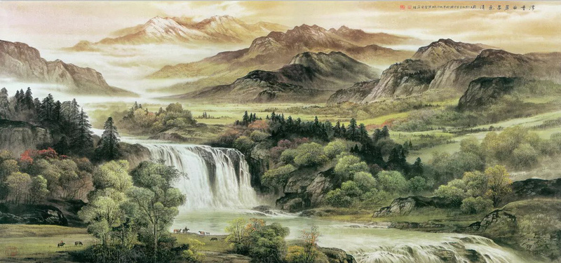 山水风景画jpg设计背景_新图网 https://ixintu.com 中国风 山水 瀑布 树林 动物 河流 山 迷雾 海报banner