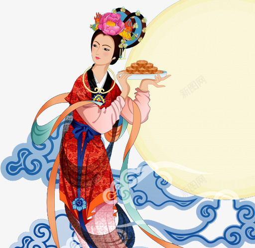 端月饼的古典美女祥云png免抠素材_新图网 https://ixintu.com 中国节 中国风 中秋节 优雅大气 八月十五 古典美女 嫦娥 月饼节 玉兔 神话传说 祥云