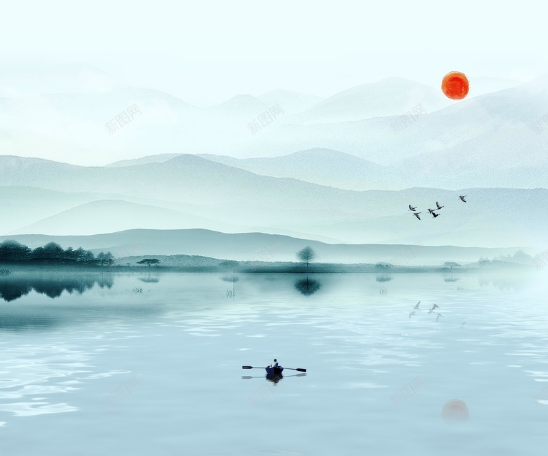 复古水墨中国风展板jpg设计背景_新图网 https://ixintu.com 150PPI PSD源文件 中国风 分层文件 复古 小溪水墨 小船 山峰 山脉 平面设计 水墨 河水 河流