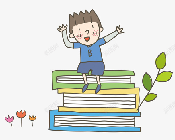 卡通手绘坐在书上的男孩png免抠素材_新图网 https://ixintu.com 卡通书本 卡通男孩 坐在书本上面的男孩 手绘男孩
