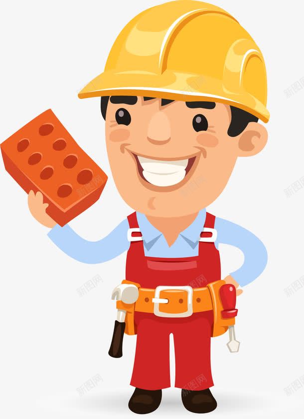 卡通建筑工人png免抠素材_新图网 https://ixintu.com 卡通人物 工具 建筑工人 红色砖头 露齿大笑 黄色帽子