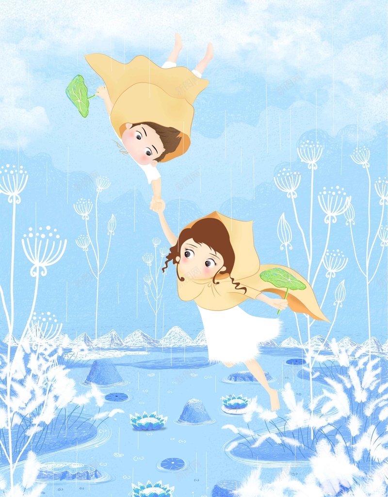 插画手绘清新儿童psd设计背景_新图网 https://ixintu.com 人物 儿童 孩子 手绘 插画 树 水彩河流 河流 淡雅 清新 温馨 芦苇 蓝色