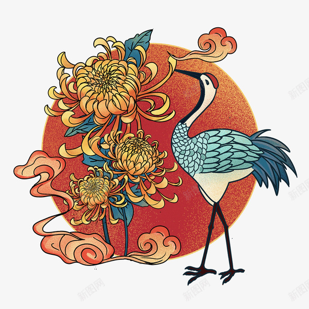 国潮中国风重阳节菊花仙鹤传统元素png免抠素材_新图网 https://ixintu.com 国潮 重阳 菊花 仙鹤