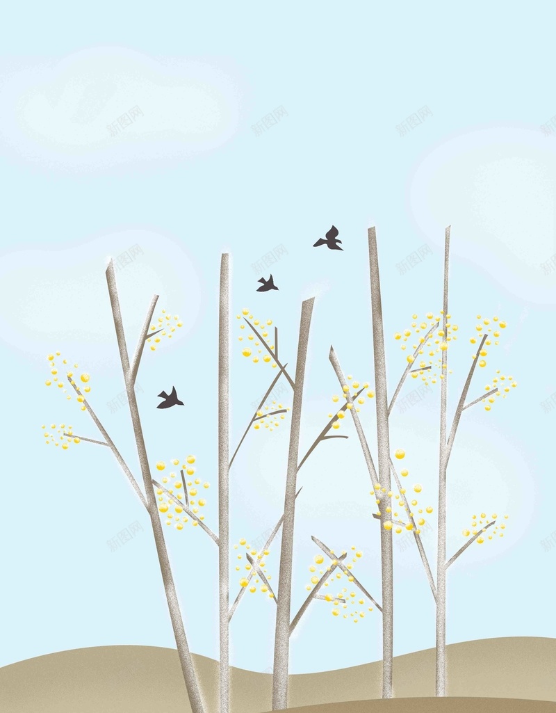 蓝色小清新原创插画二十四节气霜降psd设计背景_新图网 https://ixintu.com 原创插画 文艺风 浅蓝色 卡通 蓝天 小清新 霜降 24节气 展板 树 花 鸟