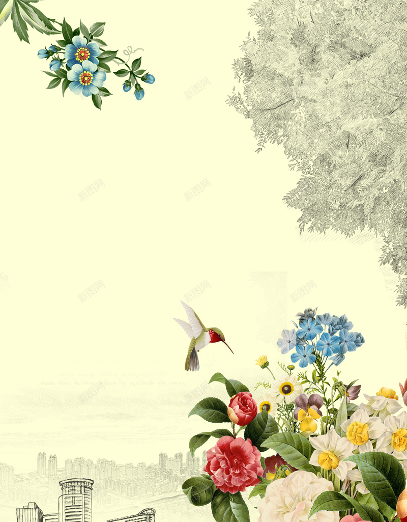 中国风花卉下的线描城市背景素材psd设计背景_新图网 https://ixintu.com 中国风背景 中式图案 中式背景 线描背景 中国风 线描城市 花卉 花朵 山茶花 鸟雀 鸟