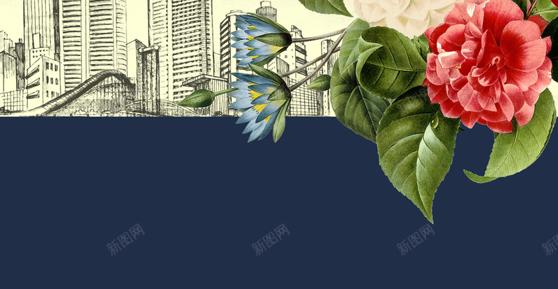 中国风花卉下的线描城市背景素材psd设计背景_新图网 https://ixintu.com 中国风背景 中式图案 中式背景 线描背景 中国风 线描城市 花卉 花朵 山茶花 鸟雀 鸟