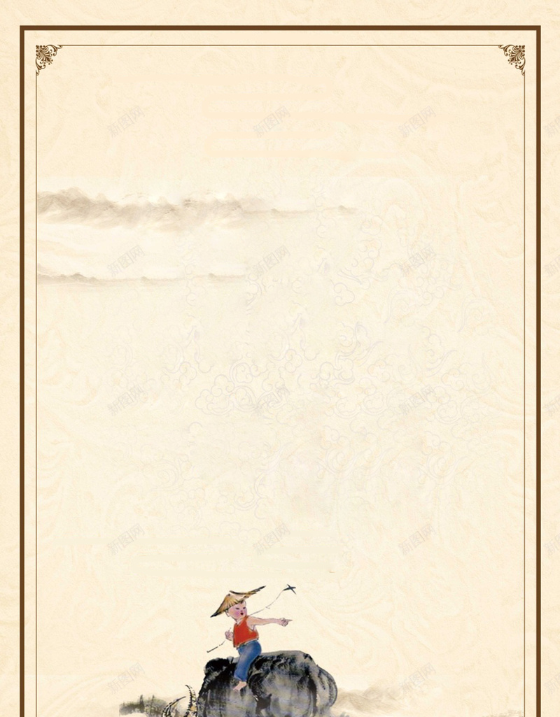 清明节牛娃背景素材jpg设计背景_新图网 https://ixintu.com 清明节 放牛娃 老牛 花框 花纹 草帽 笛子 远山