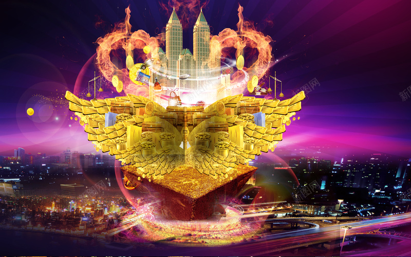 紫色底金色翅膀印刷背景psd设计背景_新图网 https://ixintu.com 紫色 翅膀 城市 辉煌 背景 火焰 灯光