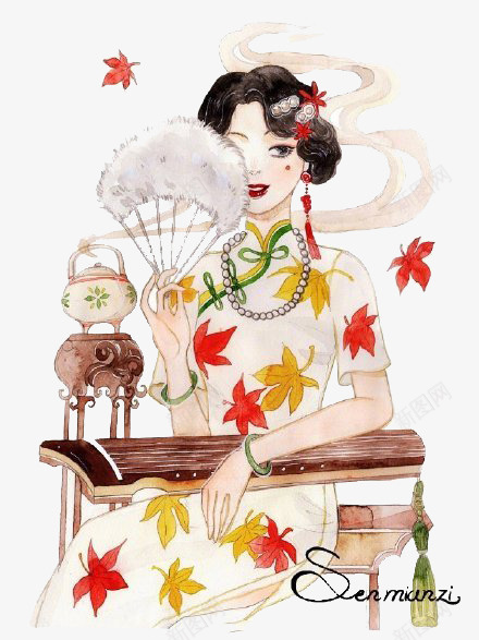 古筝旗袍美女psd免抠素材_新图网 https://ixintu.com 仙侠美女 古典 古筝 复古风 手绘古筝 旗袍展示 旗袍美女 浅色旗袍
