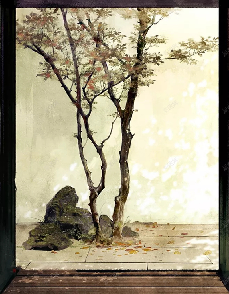 古风插画海报背景jpg设计背景_新图网 https://ixintu.com 古风 插画 树枝 树干 树叶 手绘 复古 中国风 石头 黑色