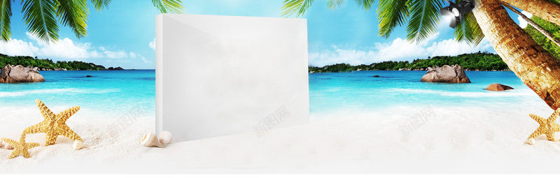 淘宝夏季banner背景jpg设计背景_新图网 https://ixintu.com 海边 沙滩 椰树 海报banner 摄影 海星等 风景